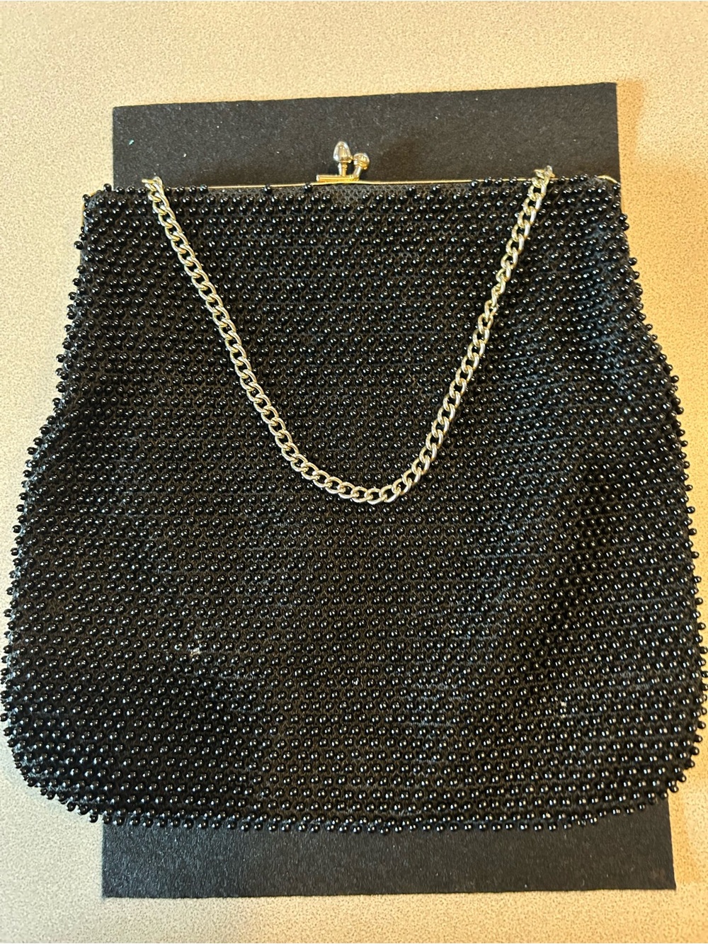 Vintage 1950s Black Caviar Beaded Clutch Evening Bag Gold Chain